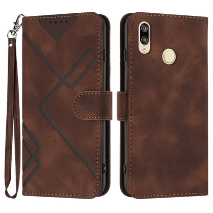 Leather phone case with line pattern, folio cover, wrist strap, brown