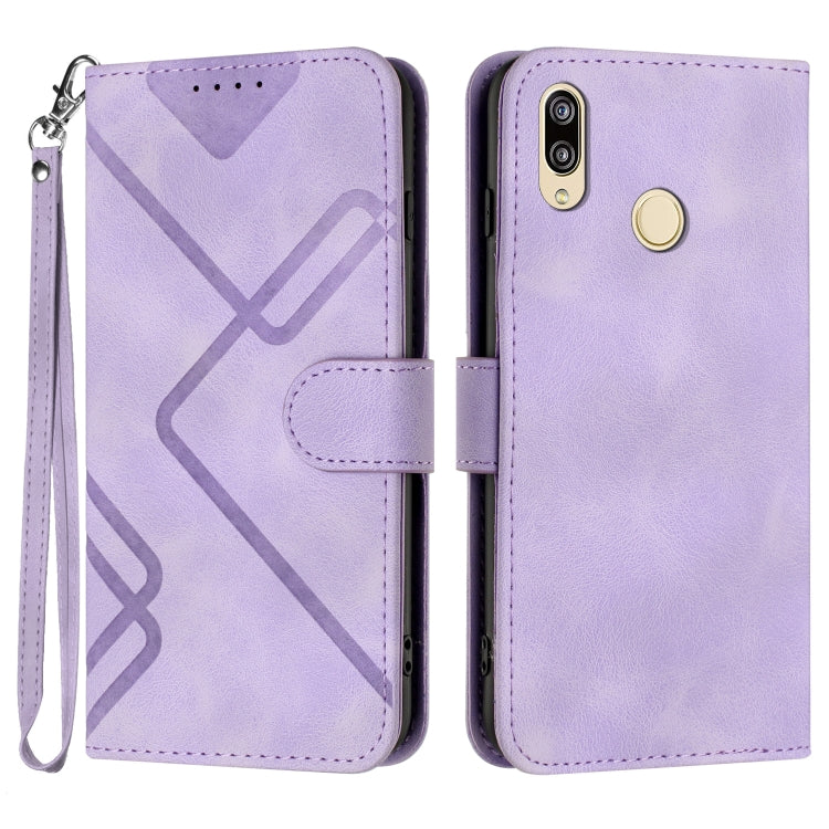 Leather phone case with line pattern, folio cover, wrist strap, light purple