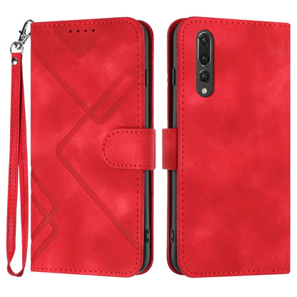 Red leather-style flip phone case with line pattern, wrist strap and card holder