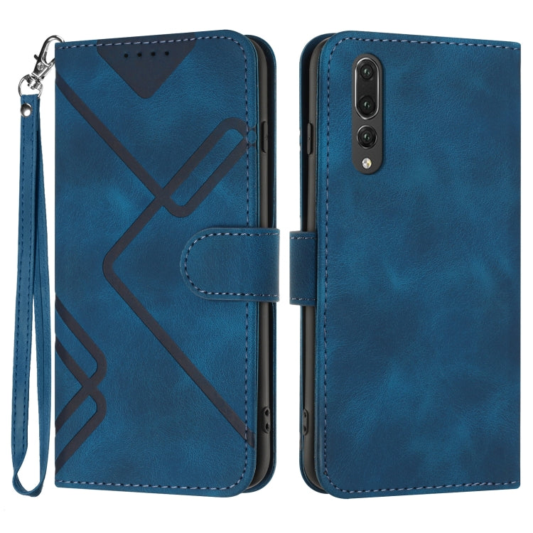 Leather phone case with line pattern, folio cover, wrist strap, blue