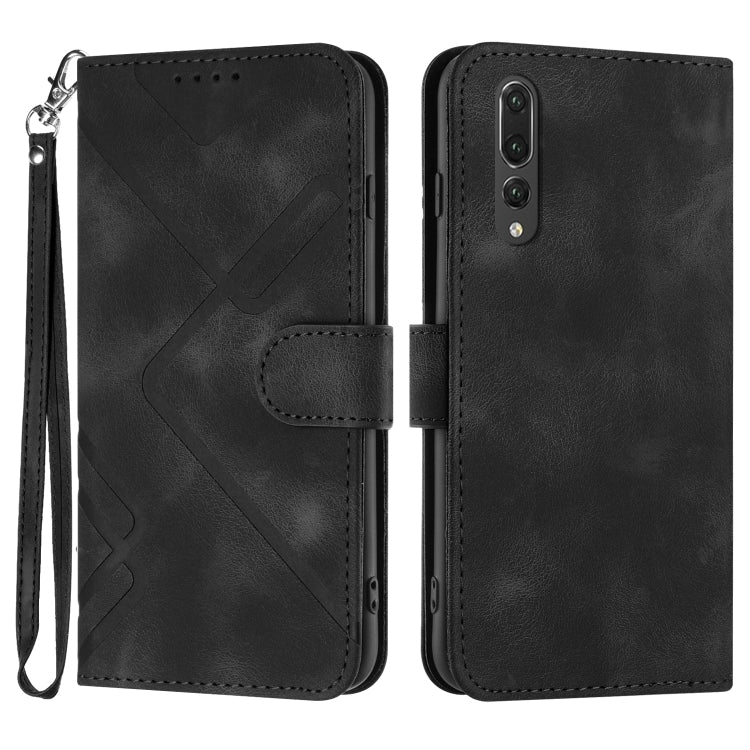 Leather phone case with line pattern, folio cover, wrist strap, black