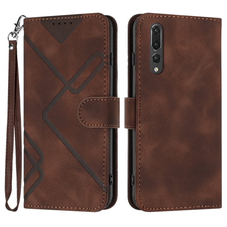 Leather phone case with line pattern, folio cover, wrist strap, brown