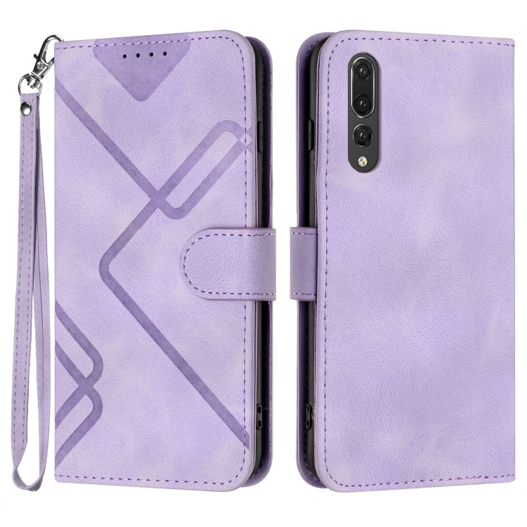 Leather phone case with line pattern, folio cover, wrist strap, light purple