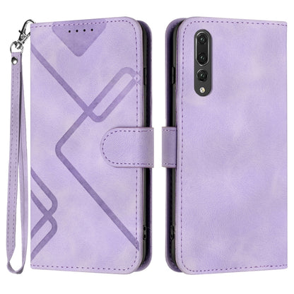 Leather phone case with line pattern, folio cover, wrist strap, light purple