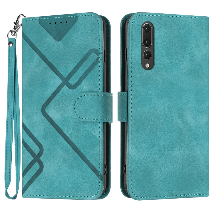 Leather phone case with line pattern, folio cover, wrist strap, teal blue