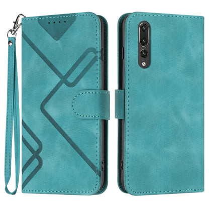 Leather phone case with line pattern, folio cover, wrist strap, teal blue