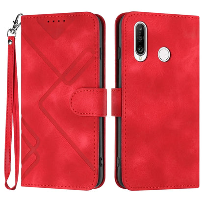 Red leather-style wallet phone case with line pattern, flip cover, and wrist strap