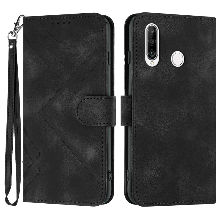 Black leather phone case with line pattern, folio cover and wrist strap