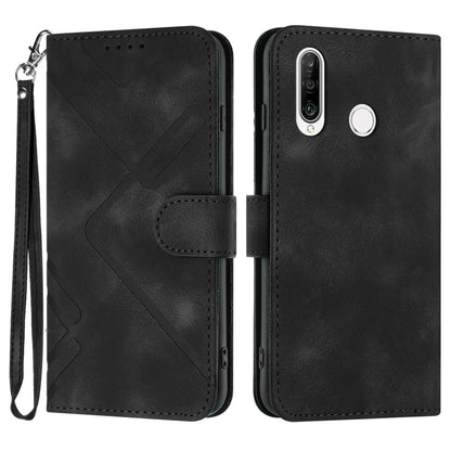 Black leather phone case with line pattern, folio cover and wrist strap