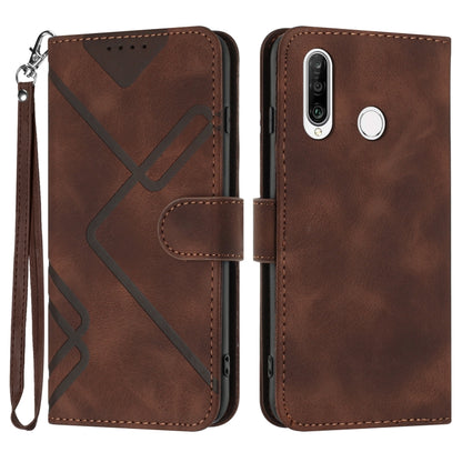 Brown leather phone case with line pattern, folio cover and wrist strap
