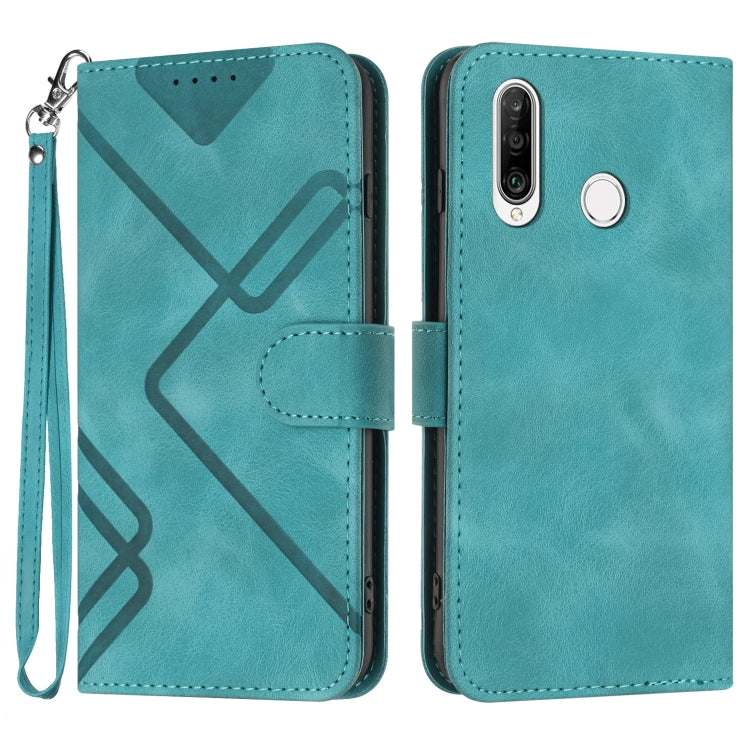 Teal leather phone case with line pattern, folio cover and wrist strap