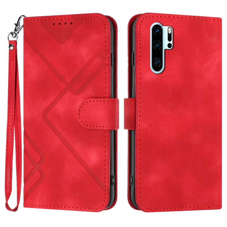 Red leather phone case with line pattern, folio cover and wrist strap