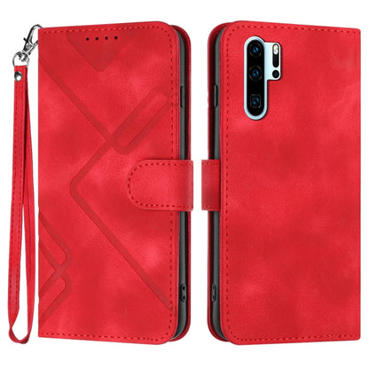 Red leather phone case with line pattern, folio cover and wrist strap