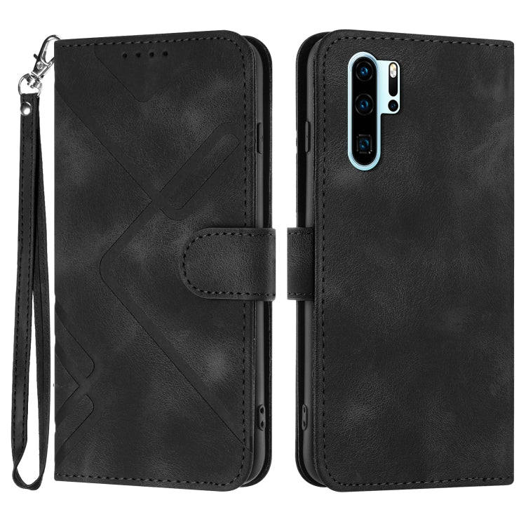 Black leather phone case with line pattern, folio cover and wrist strap