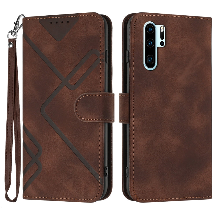 Brown leather phone case with line pattern, folio cover and wrist strap