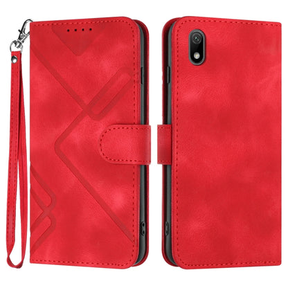 Red faux leather phone wallet case with geometric line pattern, flip cover, wrist strap