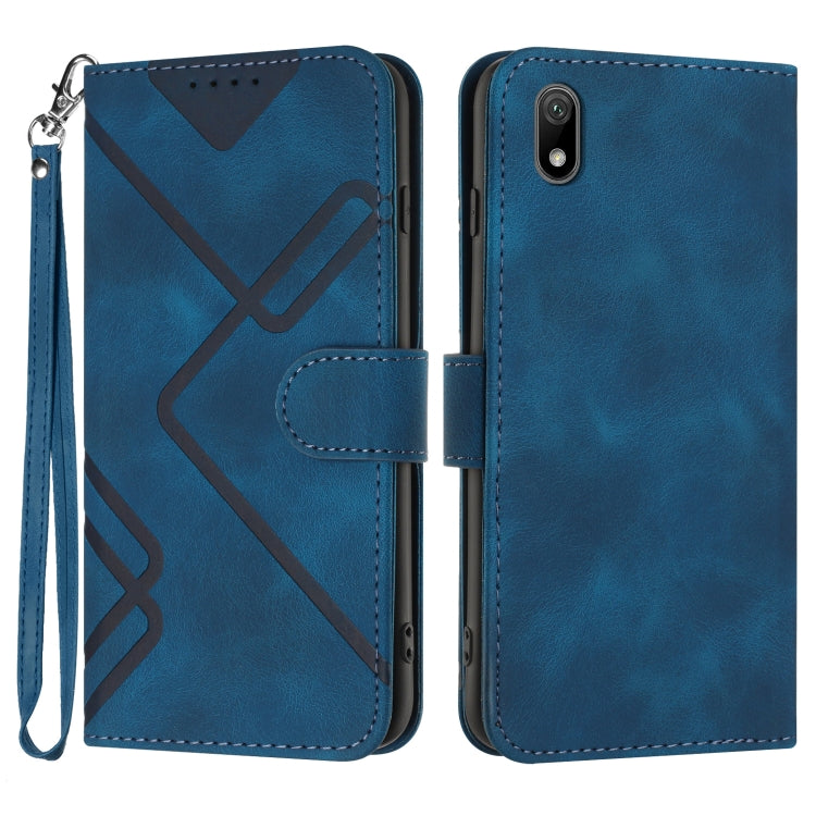 Blue faux leather phone wallet case with geometric line pattern, flip cover, wrist strap