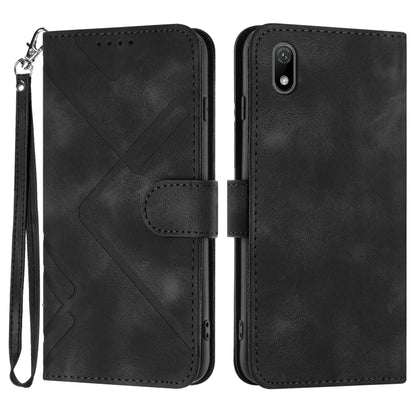 Black faux leather phone wallet case with geometric line pattern, flip cover, wrist strap