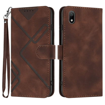 Brown leather-style phone case with line pattern, flip cover, and wrist strap