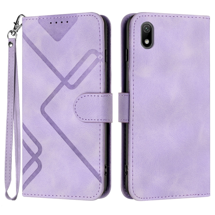 Purple leather-style phone case with line pattern, flip cover, and wrist strap