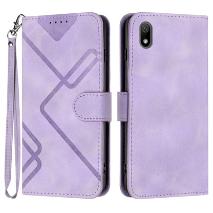 Purple leather-style phone case with line pattern, flip cover, and wrist strap