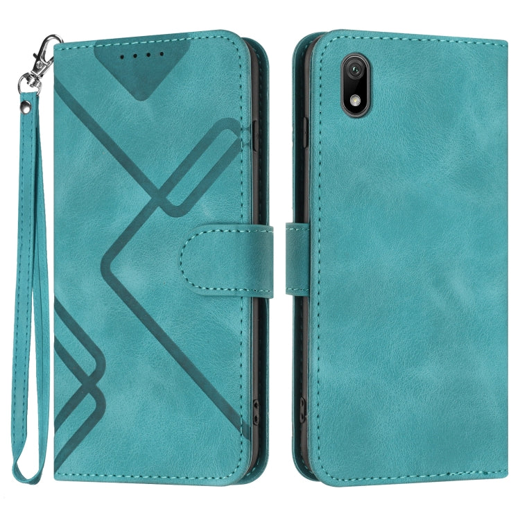 Teal leather-style phone case with line pattern, flip cover, and wrist strap
