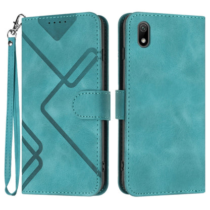Teal leather-style phone case with line pattern, flip cover, and wrist strap