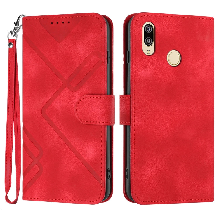 Red leather-style phone case with line pattern, flip cover, and wrist strap