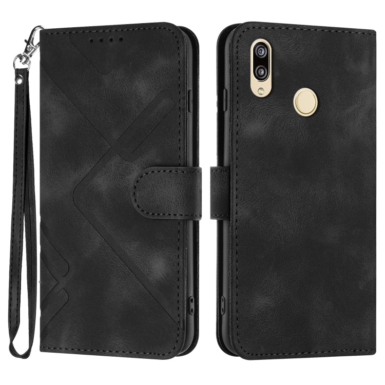 Black leather-style phone case with line pattern, flip cover, and wrist strap