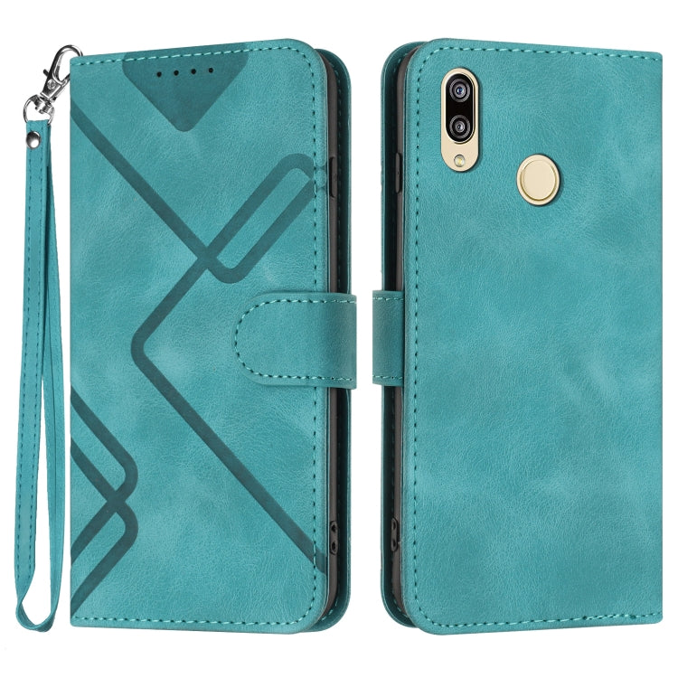 Teal leather-style wallet phone case with line pattern, flip cover, and wrist strap