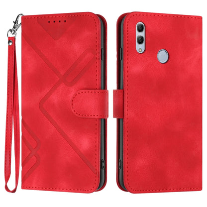 Red leather phone case with geometric line pattern, flip cover and wrist strap.