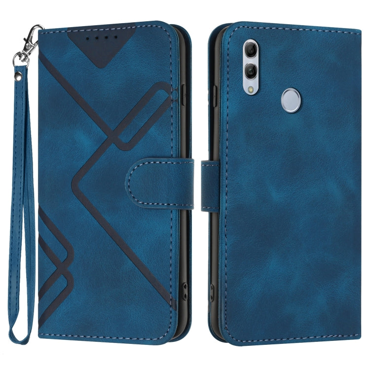 Royal blue leather phone case with geometric line pattern, flip cover and wrist strap.