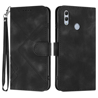 Black leather phone case with geometric line pattern, flip cover and wrist strap.