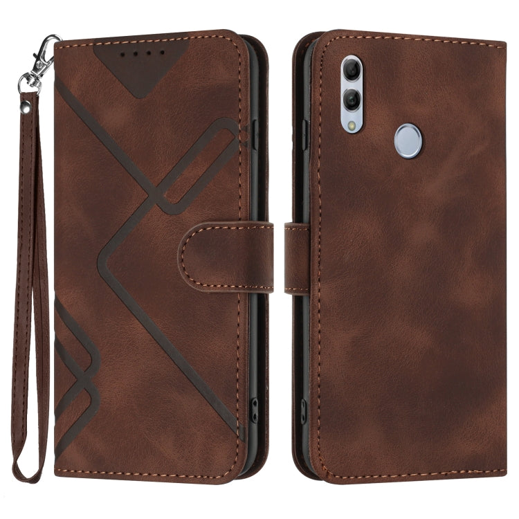 Coffee brown leather phone case with geometric line pattern, flip cover and wrist strap.