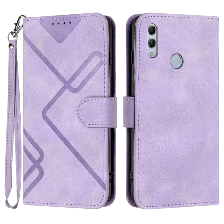 Light purple leather phone case with geometric line pattern, flip cover and wrist strap.