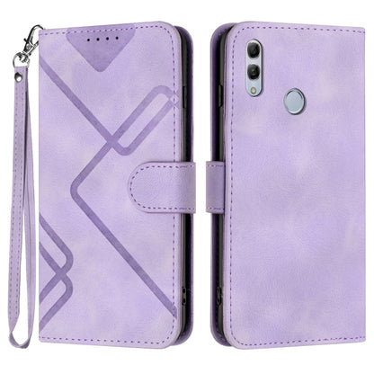 Light purple leather phone case with geometric line pattern, flip cover and wrist strap.