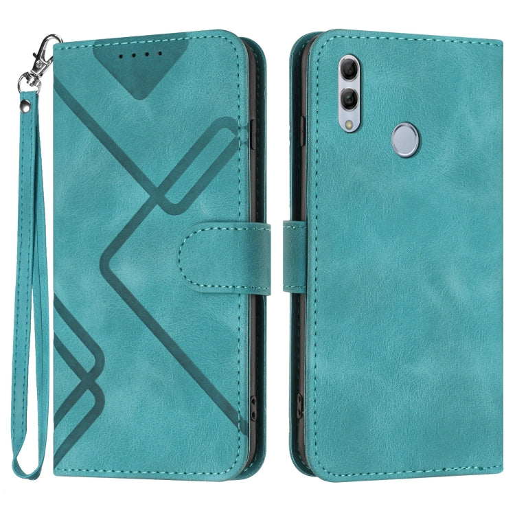 Teal leather phone case with geometric line pattern, flip cover and wrist strap (front and back).