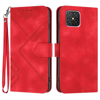 Red faux leather phone wallet case with geometric line pattern, flip cover, wrist strap