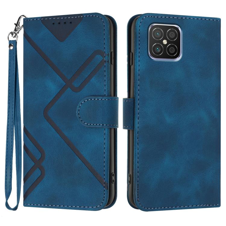 Dark blue faux leather phone wallet case with geometric line pattern, flip cover, wrist strap