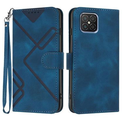 Dark blue faux leather phone wallet case with geometric line pattern, flip cover, wrist strap