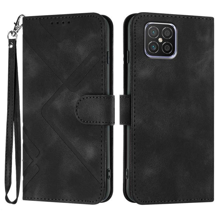 Black faux leather phone wallet case with geometric line pattern, flip cover, wrist strap