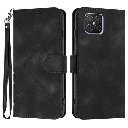 Black faux leather phone wallet case with geometric line pattern, flip cover, wrist strap