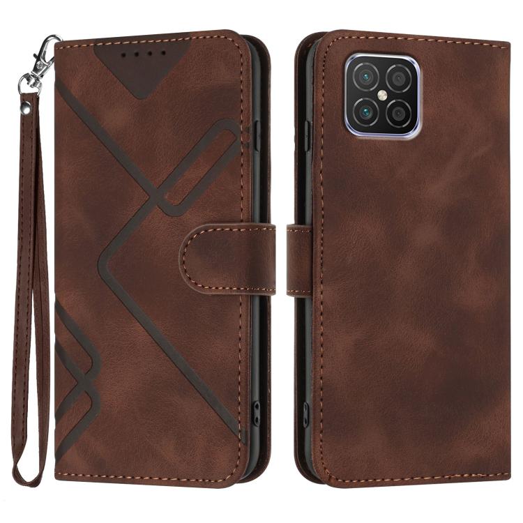 Brown faux leather phone wallet case with geometric line pattern, flip cover, wrist strap