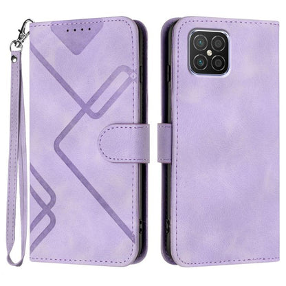Light purple faux leather phone wallet case with geometric line pattern, flip cover, wrist strap
