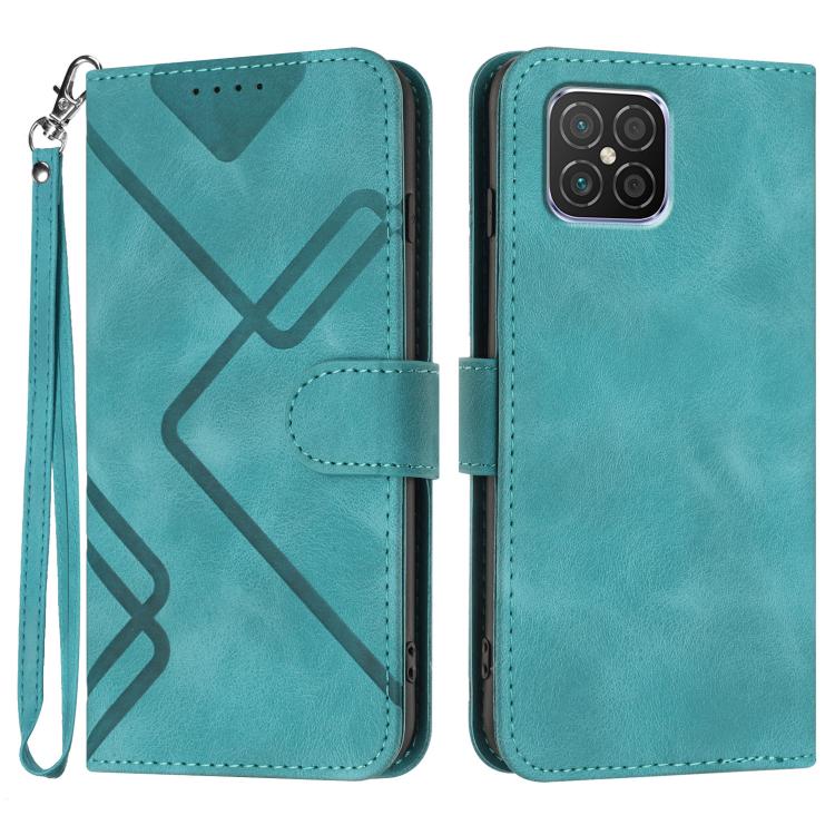 Turquoise faux leather phone wallet case with geometric line pattern, flip cover, wrist strap
