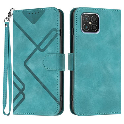 Turquoise faux leather phone wallet case with geometric line pattern, flip cover, wrist strap