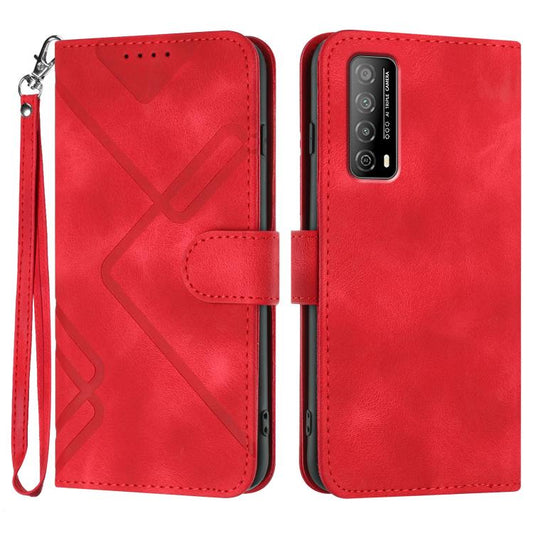 Red leather-style phone case with geometric pattern, flip cover, and wrist strap
