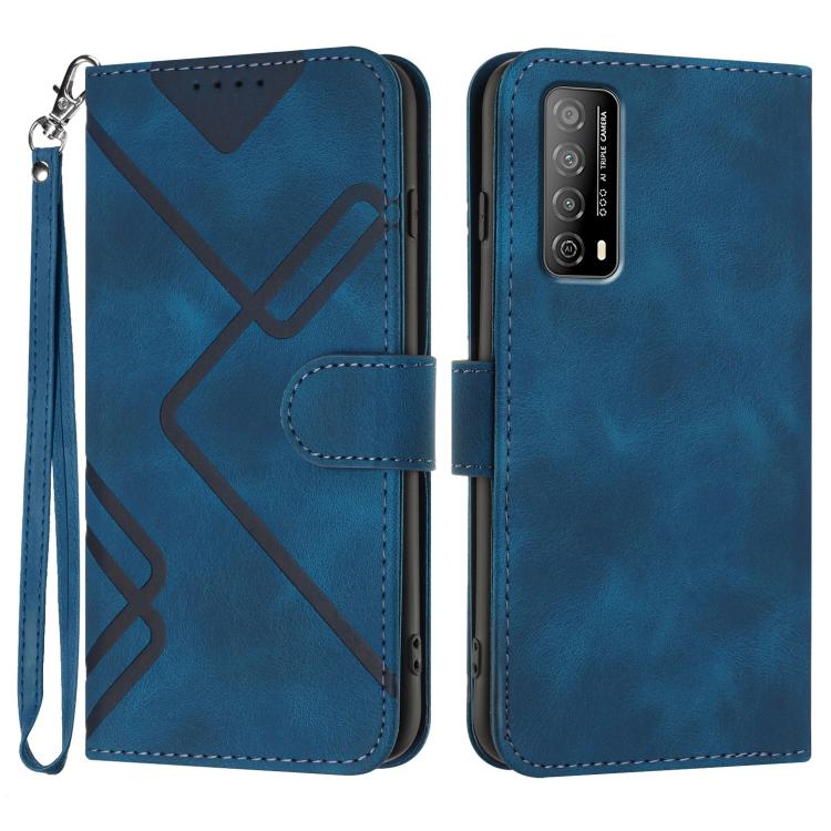 Blue leather-style phone case with geometric pattern, flip cover, and wrist strap
