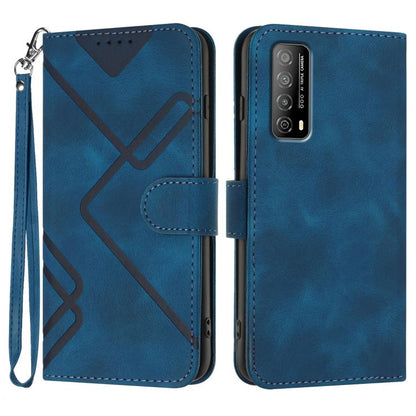 Blue leather-style phone case with geometric pattern, flip cover, and wrist strap