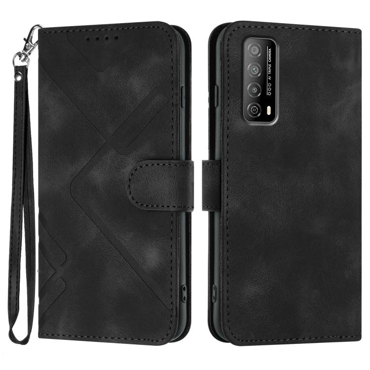 Black leather-style phone case with geometric pattern, flip cover, and wrist strap